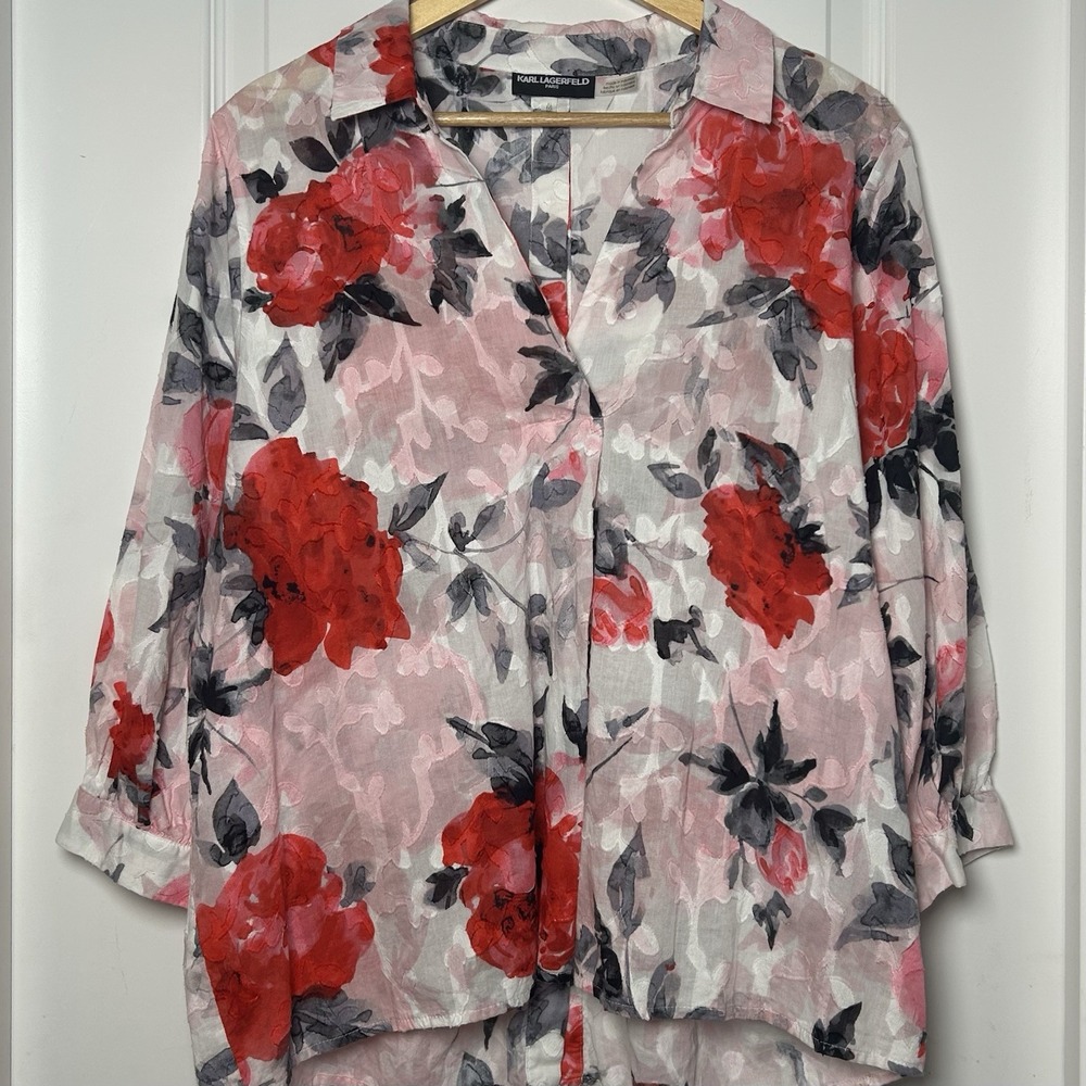 Karl Lagerfeld Paris 100% Cotton Floral Rose Print Burnout 3/4 Sleeve Blouse
